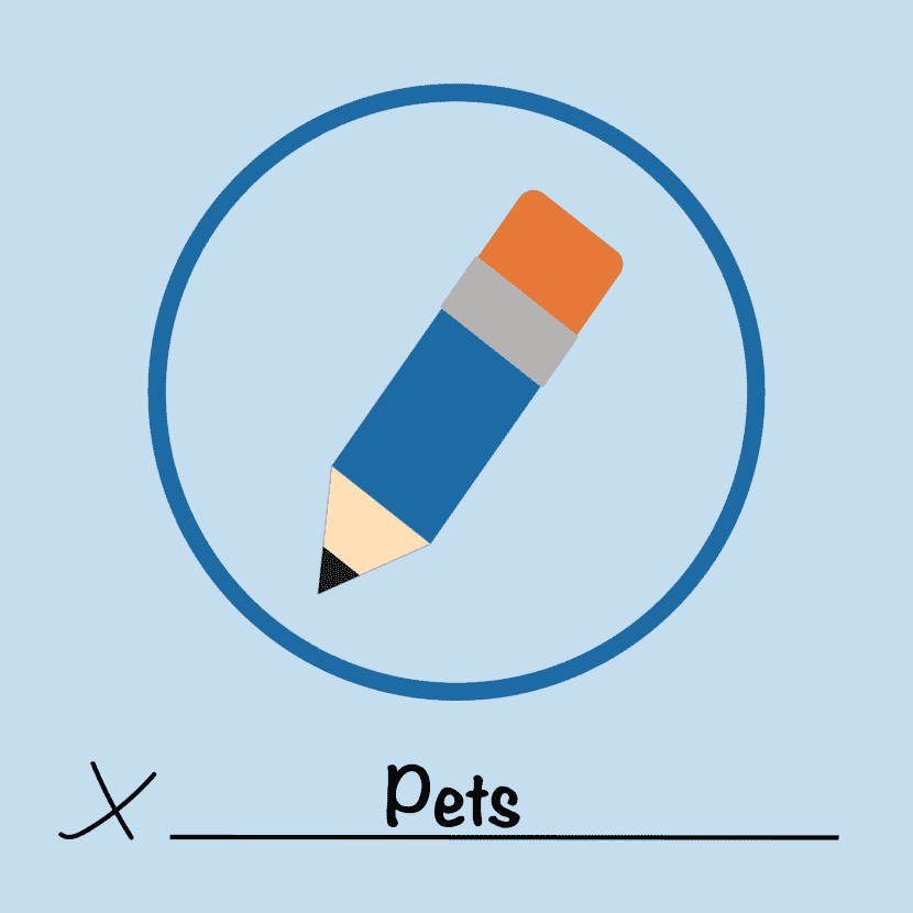 Pets worksheet with a pencil and checkmark for pet care planning.